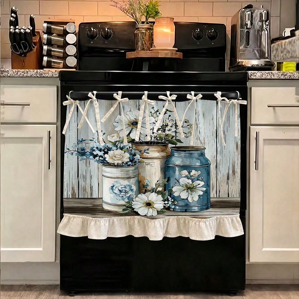 Kitchen Appliances Oven - ผ้าคลุมเครื่องใช้ในครัวสไตล์ฟาร์มเฮาส์แบบ 2 มิติ, ผ้าคลุมเตาอบอเนกประสงค์, ลายขวดโหลดอกไม้สไตล์วินเทจและลายไม้แบบชนบท, ผ้าพร้อมชายระบายและเชือกผูก,